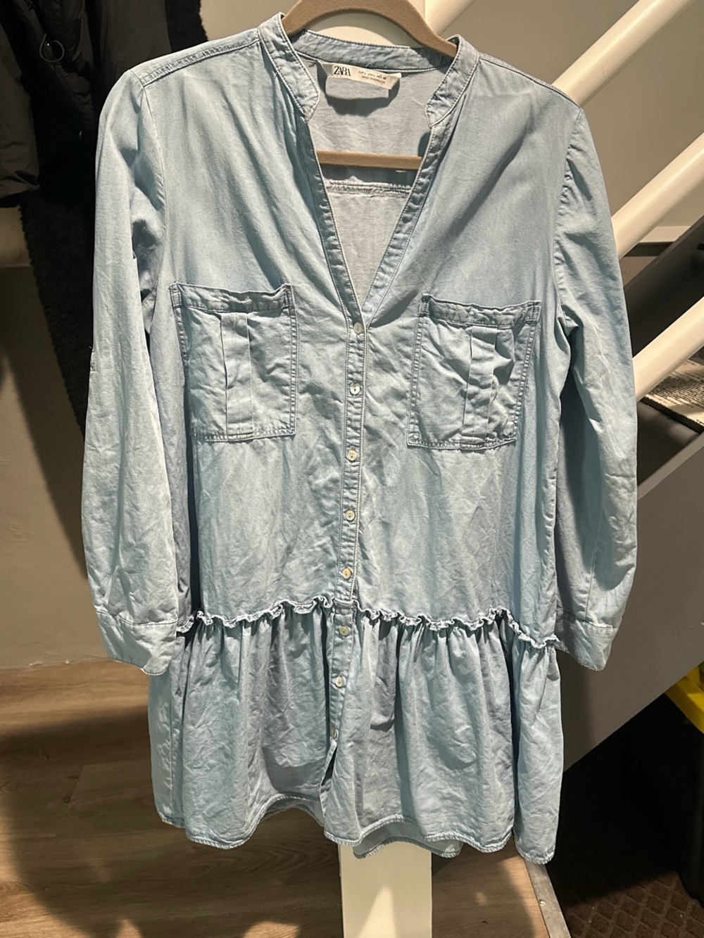 Zara Light Wash Denim Drop Waist Shirt Dress